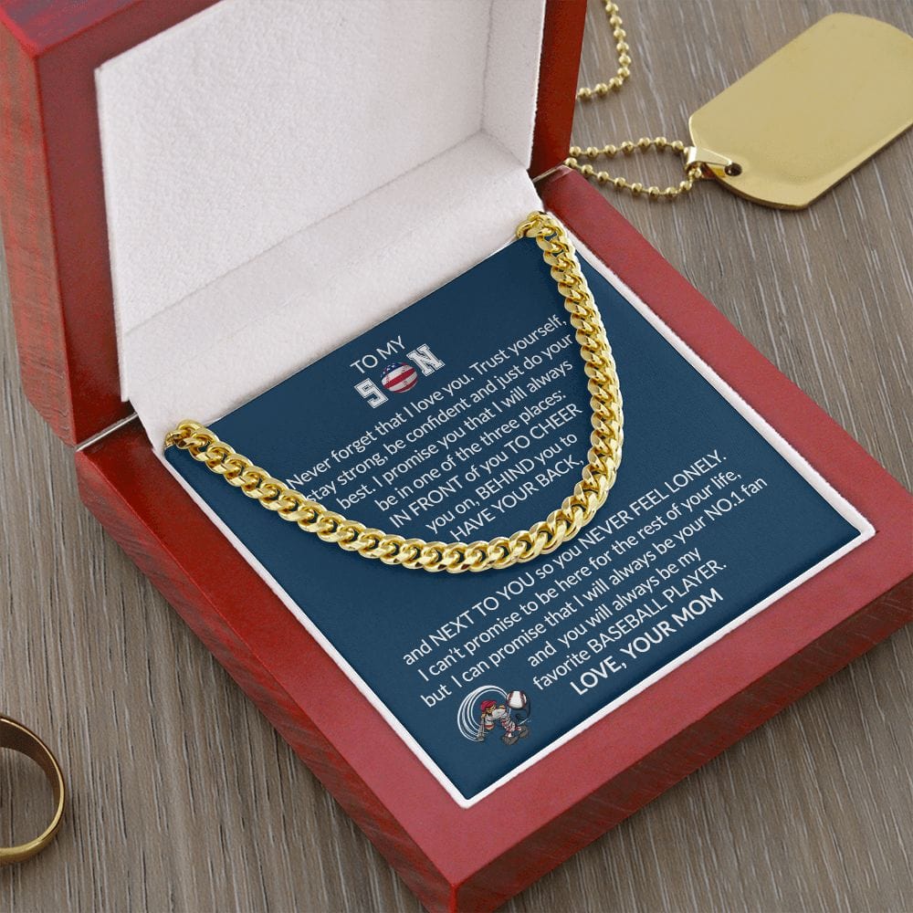 Gift To My Baseball Son - Biggest Fan - Cuban Link Chain With Message Card - Gift For Birthday, Christmas, Special Occasion From Mom