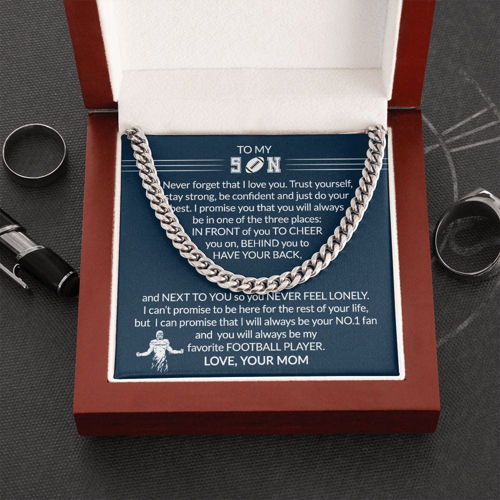 FREE SHIPPING Gift To My Football Son - Biggest Fan - Cuban Link Chain With Message Card - Gift For Birthday, Christmas, Special Occasion From Mom