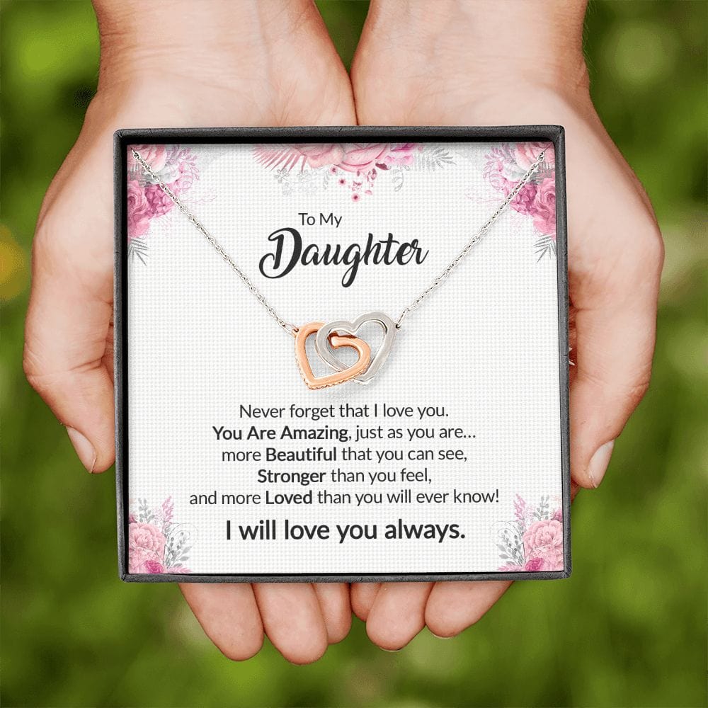 Gift For Daughter - You Are Amazing As You Are - Interlocking Hearts Necklace With Message Card - Gift For Birthday, Anniversary, Christmas From Dad, Father, Mom, Mother