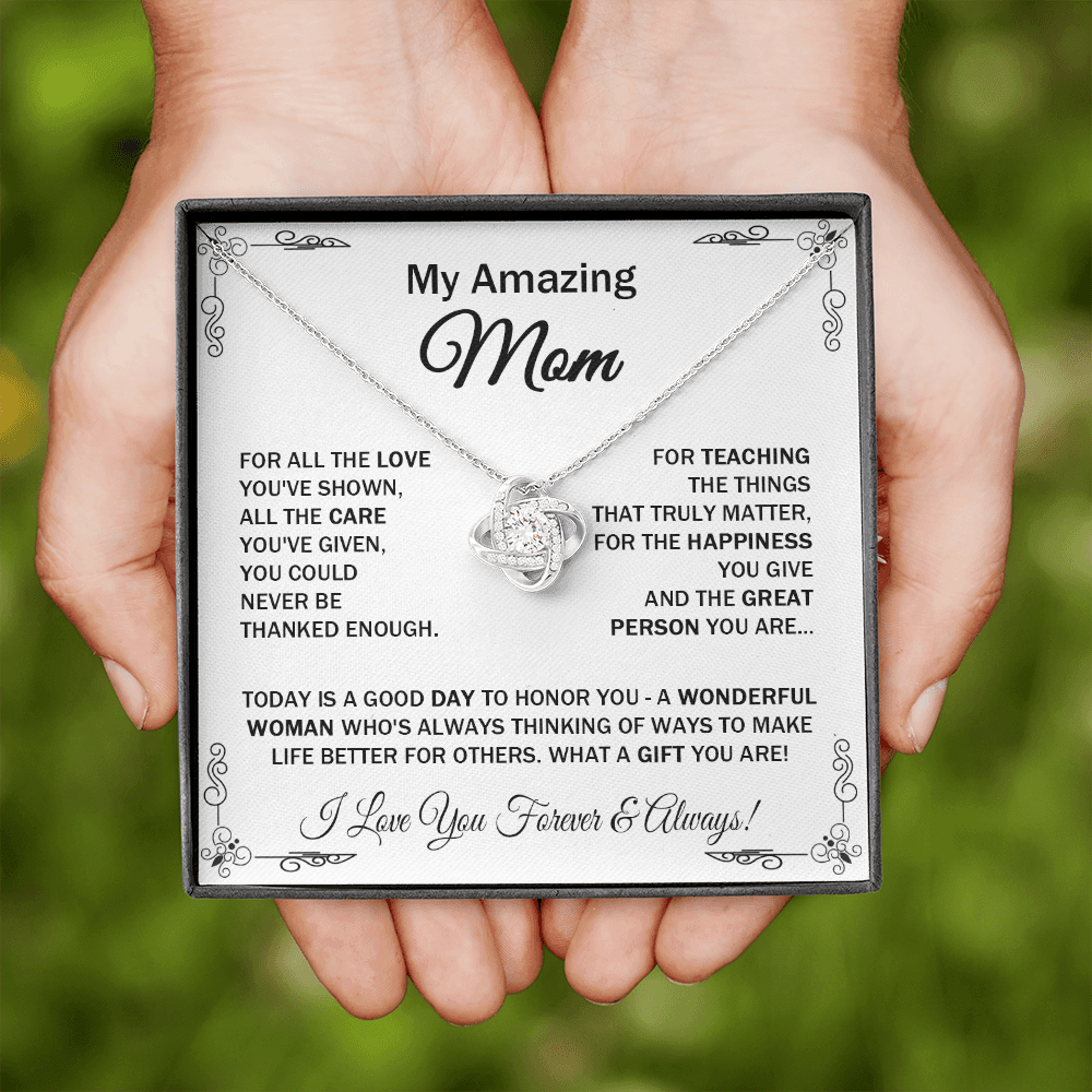 Amazing Mom - For All The Love - Love Knot Necklace Message Gift Card For Mother's Day Birthday Thanks