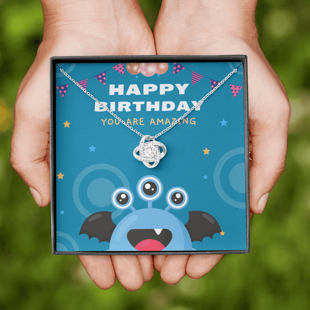 Happy Birthday - You Are Amazing - Cute Monster - Love Knot Necklace Message Card
