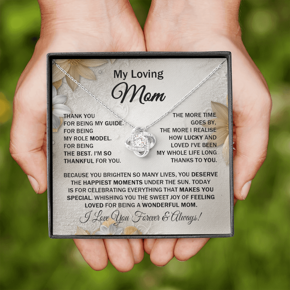 Loving Mom - Thank You for Being My Guide - Love Knot Necklace Message Card Gift for Mom Mother's Day Birthday from Daughter Son Family Ocasion