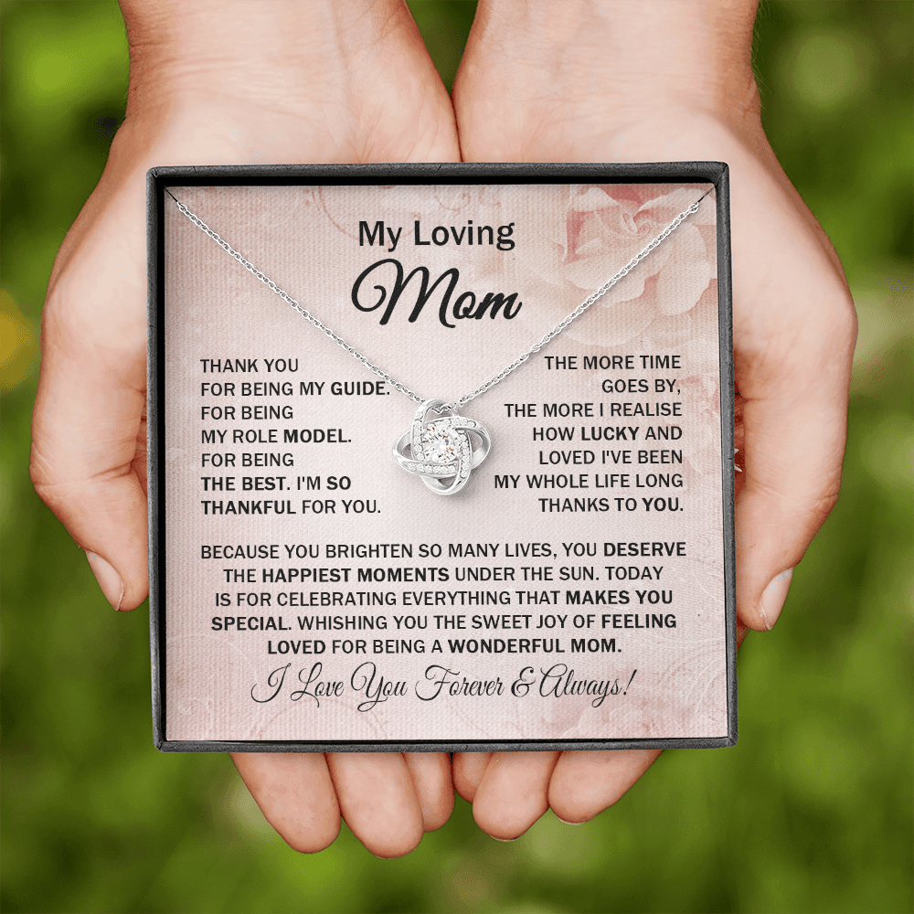 Loving Mom - Thank You for Being My Guide - Love Knot Necklace Message Card Gift for Mom Mother's Day Birthday from Daughter Son Special Ocasion