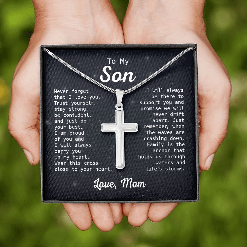 Gift For Son - Family Is The Anchor - Cross Necklace With Message Card - Son Gift For Birthday, Christmas, Special Occasion From Mom, Mother