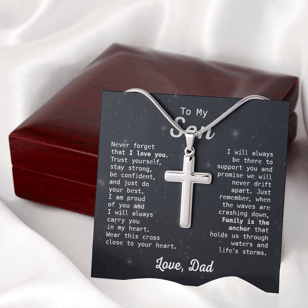 Gift For Son - Family Is The Anchor - Cross Necklace With Message Card - Son Gift For Birthday, Christmas, Special Occasion From Dad, Father
