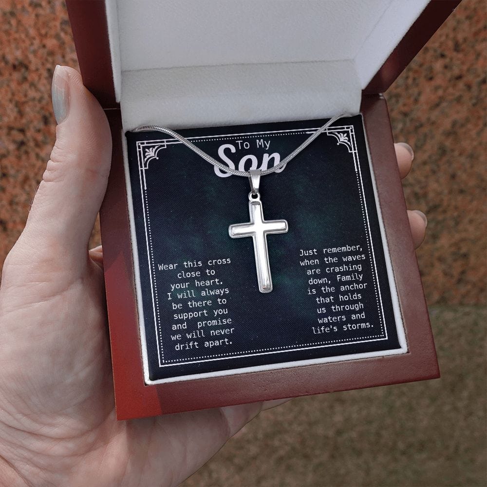 Gift For Son - Family Is The Anchor - Cross Necklace - Son Gift For Birthday, Christmas, Special Occasion From Mom, Mother, Dad, Father