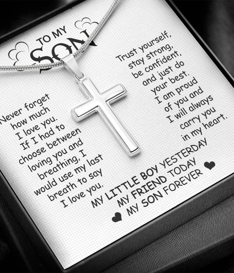 Gift For Son - Never Forget My Love - Cross Necklace With Message Card - Son Gift For Birthday, Christmas, Special Occasion From Mom, Dad