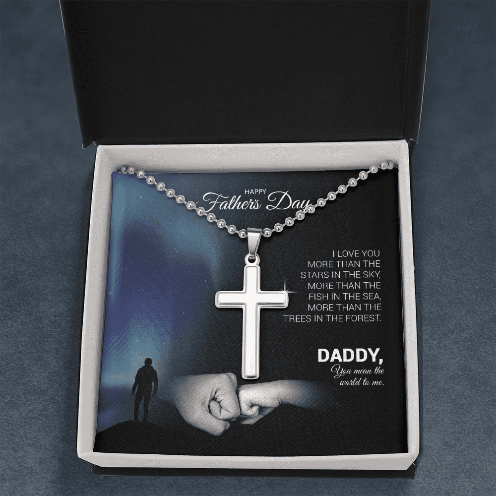 Father's Day - I Love You More Than The Stars In The Sky - Cross Necklace with Ball Chain Message Card Gift For Daddy, Father, Grandfather, Grandpa