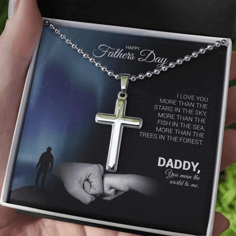 Father's Day - I Love You More Than The Stars In The Sky - Cross Necklace with Ball Chain Message Card Gift For Daddy, Father, Grandfather, Grandpa