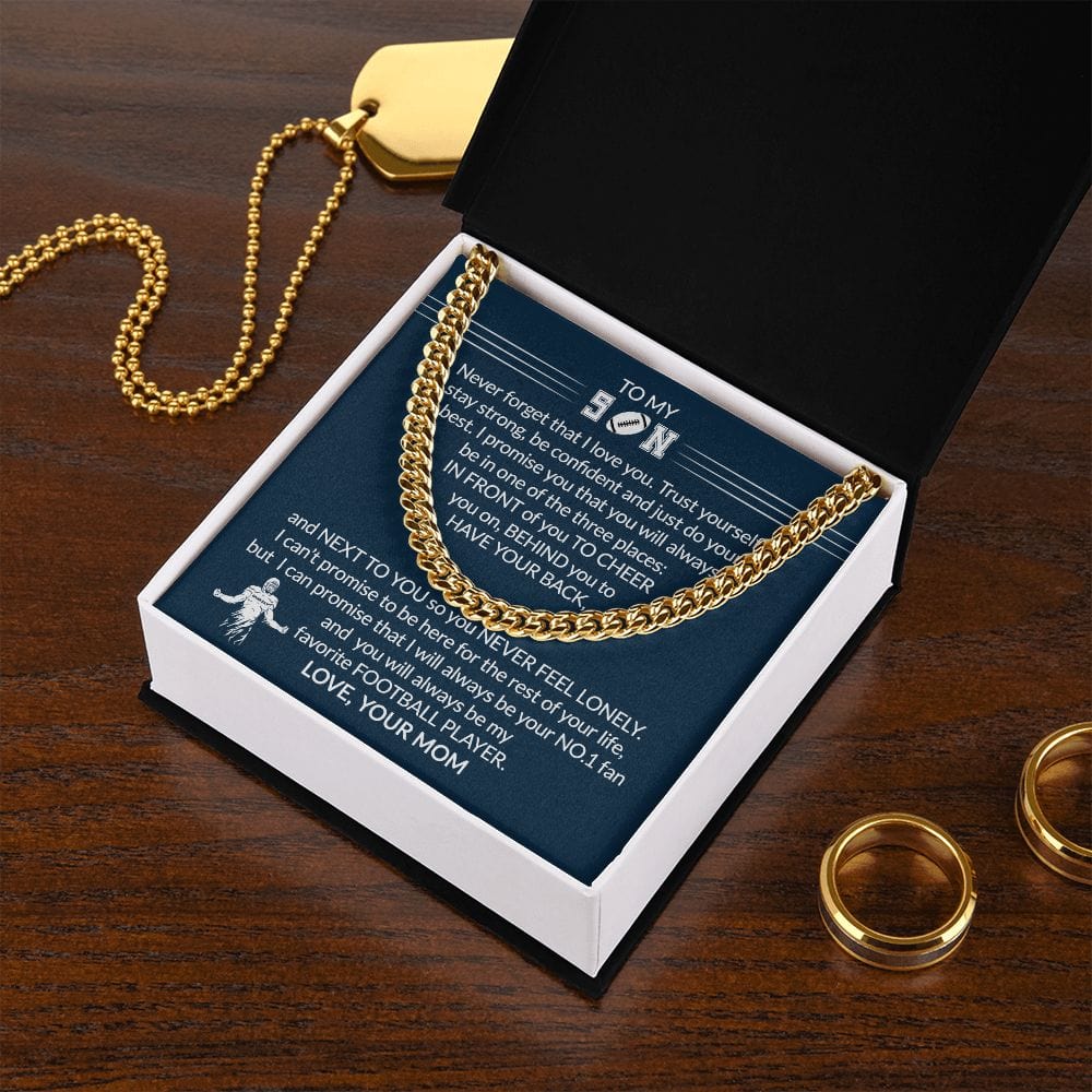 FREE SHIPPING Gift To My Football Son - Biggest Fan - Cuban Link Chain With Message Card - Gift For Birthday, Christmas, Special Occasion From Mom