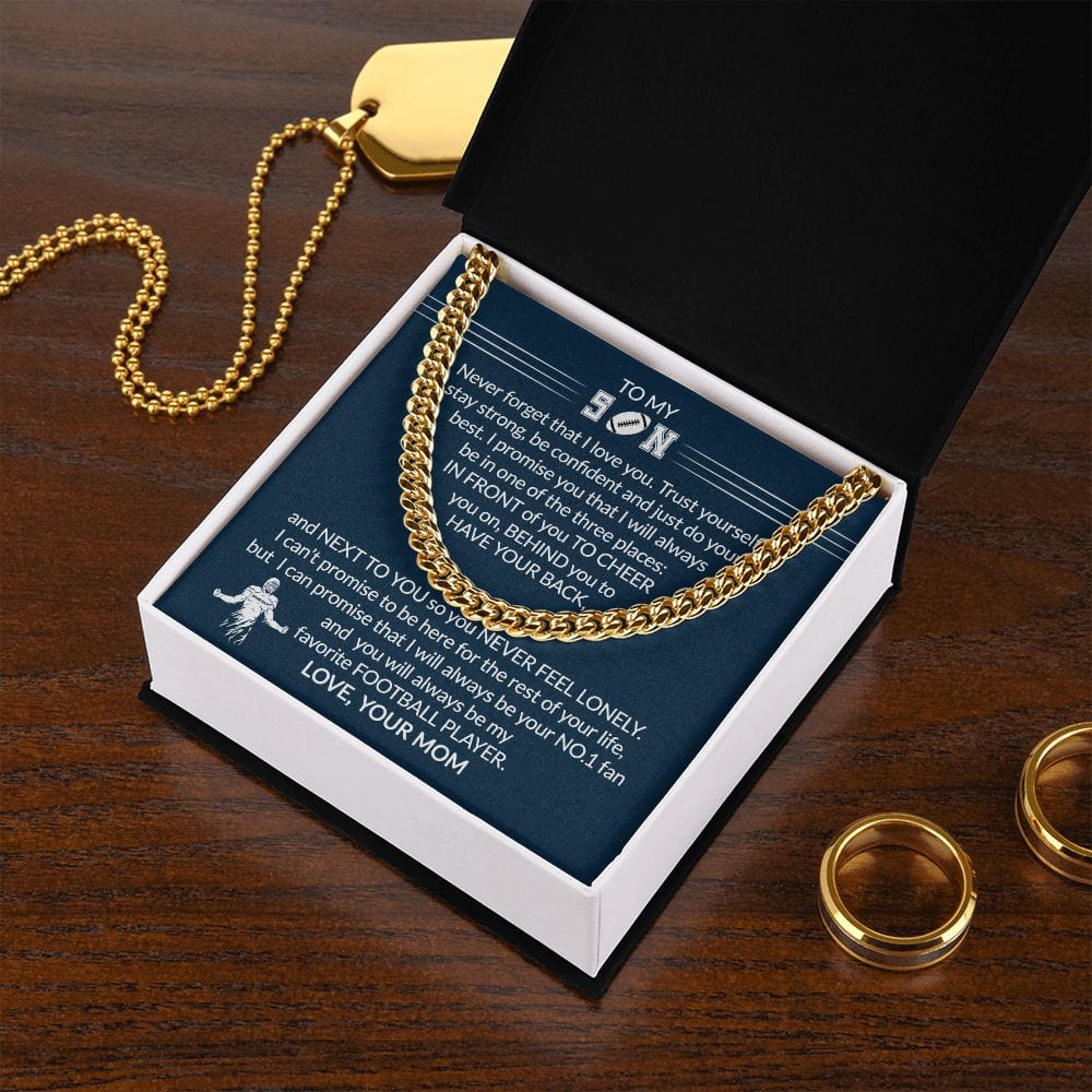 Gift To My Football Son - Biggest Fan - Cuban Link Chain With Message Card - Gift For Birthday, Christmas, Special Occasion From Mom