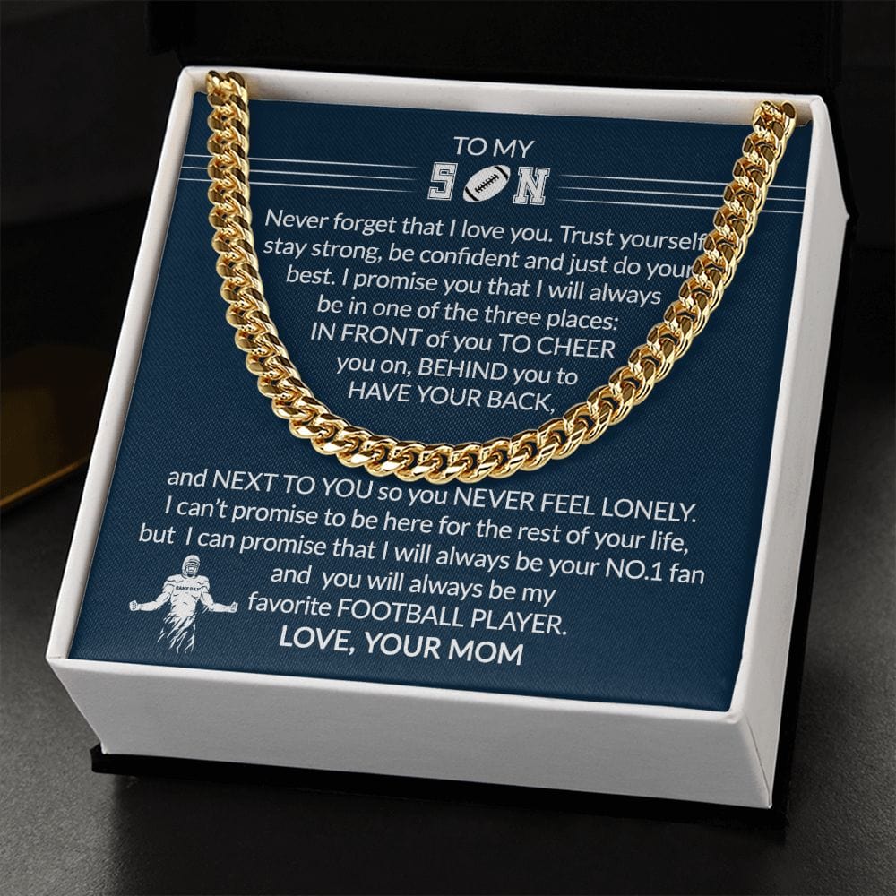 Gift To My Football Son - Biggest Fan - Cuban Link Chain With Message Card - Gift For Birthday, Christmas, Special Occasion From Mom