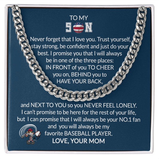 Gift To My Baseball Son - Biggest Fan - Cuban Link Chain With Message Card - Gift For Birthday, Christmas, Special Occasion From Mom