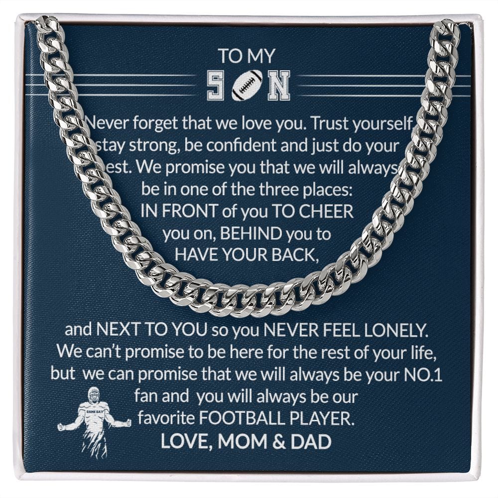 Gift To My Football Son - Biggest Fan - Cuban Link Chain With Message Card - Gift For Birthday, Christmas, Special Occasion From Mom, Dad