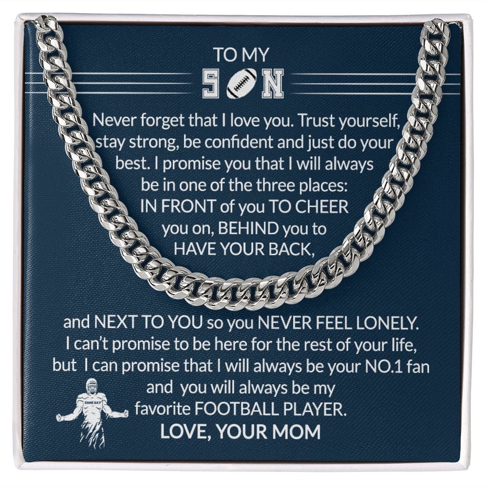 Gift To My Football Son - Biggest Fan - Cuban Link Chain With Message Card - Gift For Birthday, Christmas, Special Occasion From Mom