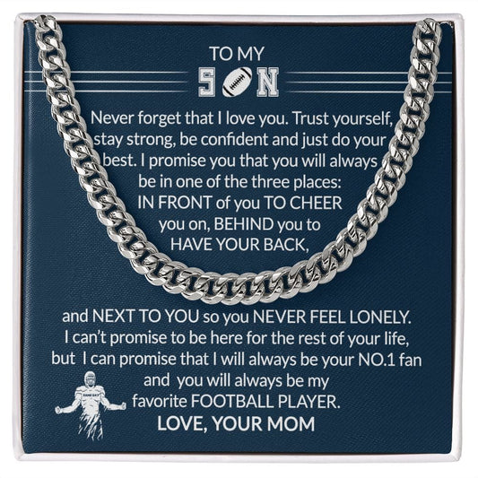 FREE SHIPPING Gift To My Football Son - Biggest Fan - Cuban Link Chain With Message Card - Gift For Birthday, Christmas, Special Occasion From Mom