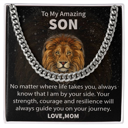 Gift For Son - No Matter Where Life Takes You - Cuban Link Chain Necklace Message Card - Son Gift For Birthday, Christmas, Special Occasion From Mom, Mother