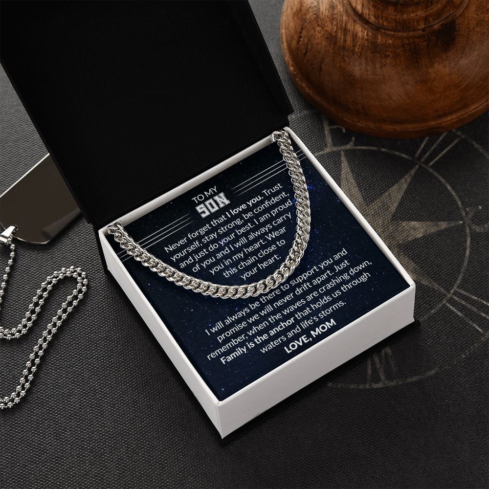 Gift For Son - Family Is The Anchor - Cuban Link Chain With Message Card - Son Gift For Birthday, Christmas, Special Occasion From Mom, Mother