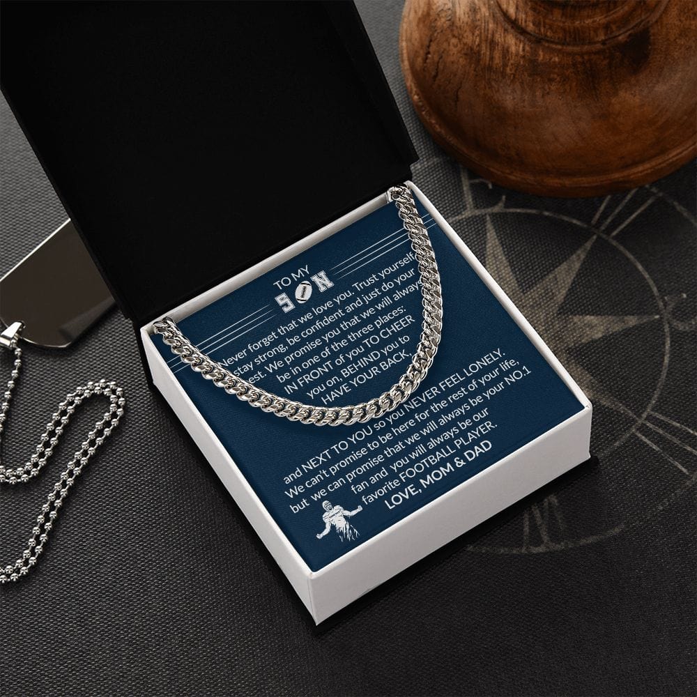 Gift To My Football Son - Biggest Fan - Cuban Link Chain With Message Card - Gift For Birthday, Christmas, Special Occasion From Mom, Dad