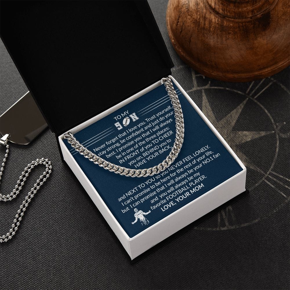 Gift To My Football Son - Biggest Fan - Cuban Link Chain With Message Card - Gift For Birthday, Christmas, Special Occasion From Mom