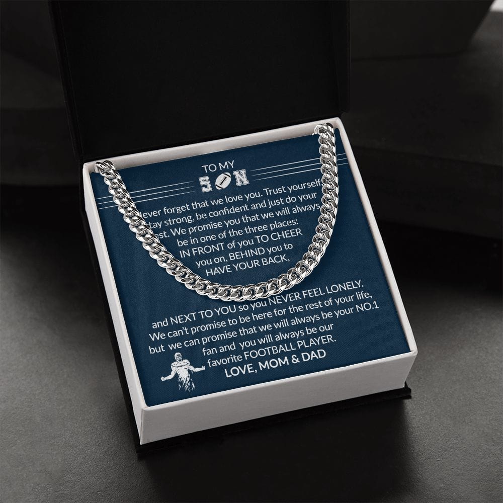 Gift To My Football Son - Biggest Fan - Cuban Link Chain With Message Card - Gift For Birthday, Christmas, Special Occasion From Mom, Dad