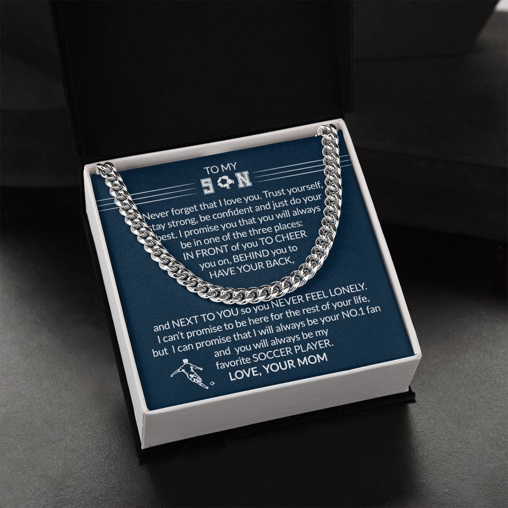Gift To My Soccer Player Son - Biggest Fan - Cuban Link Chain With Message Card - Gift For Birthday, Christmas, Special Occasion From Mom