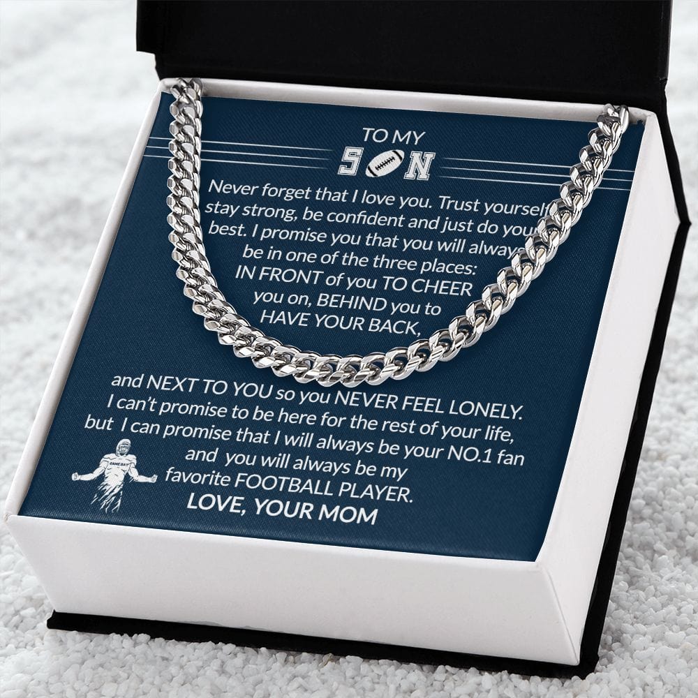 FREE SHIPPING Gift To My Football Son - Biggest Fan - Cuban Link Chain With Message Card - Gift For Birthday, Christmas, Special Occasion From Mom