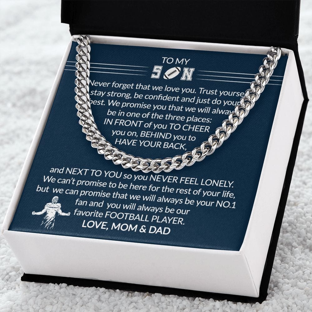 Gift To My Football Son - Biggest Fan - Cuban Link Chain With Message Card - Gift For Birthday, Christmas, Special Occasion From Mom, Dad