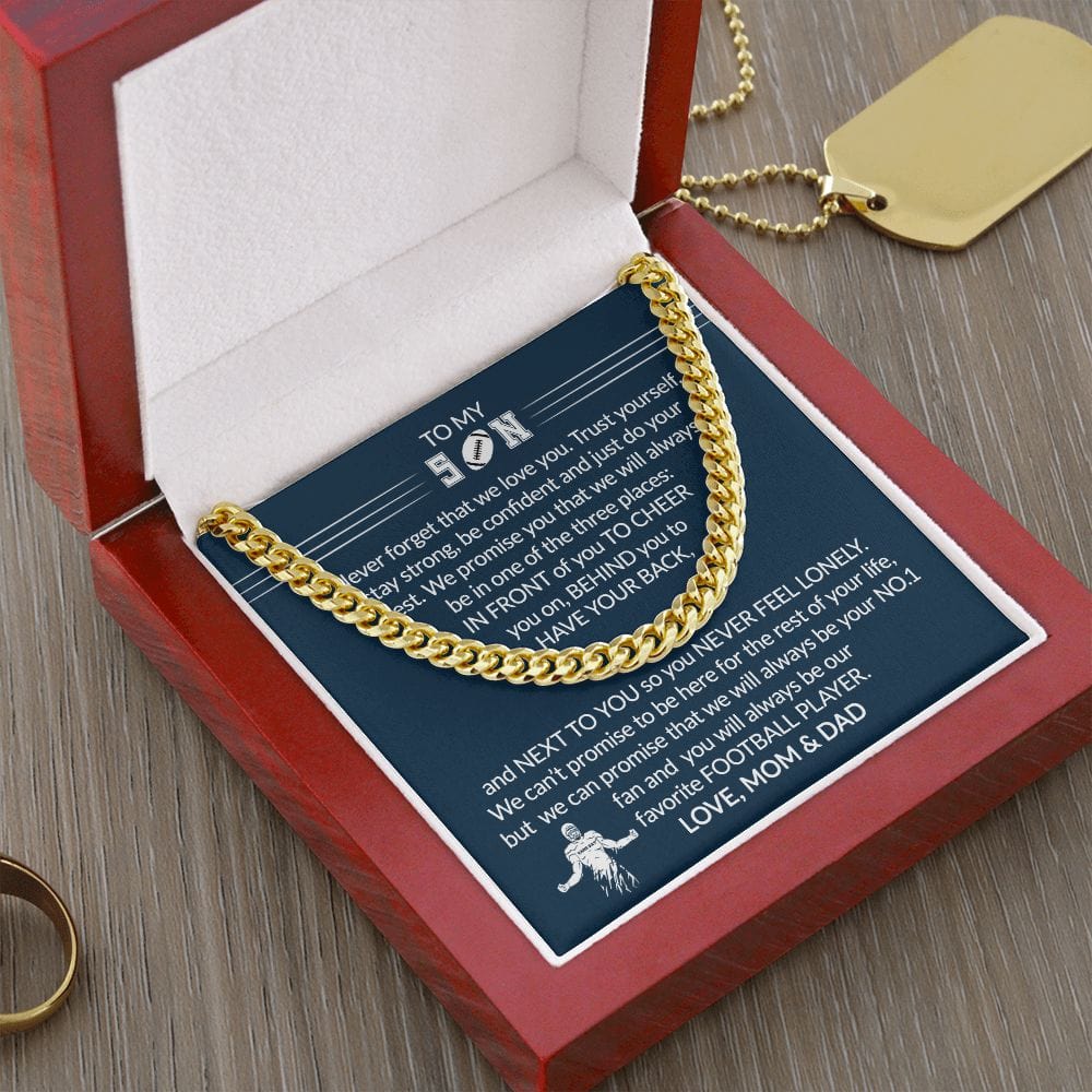 Gift To My Football Son - Biggest Fan - Cuban Link Chain With Message Card - Gift For Birthday, Christmas, Special Occasion From Mom, Dad