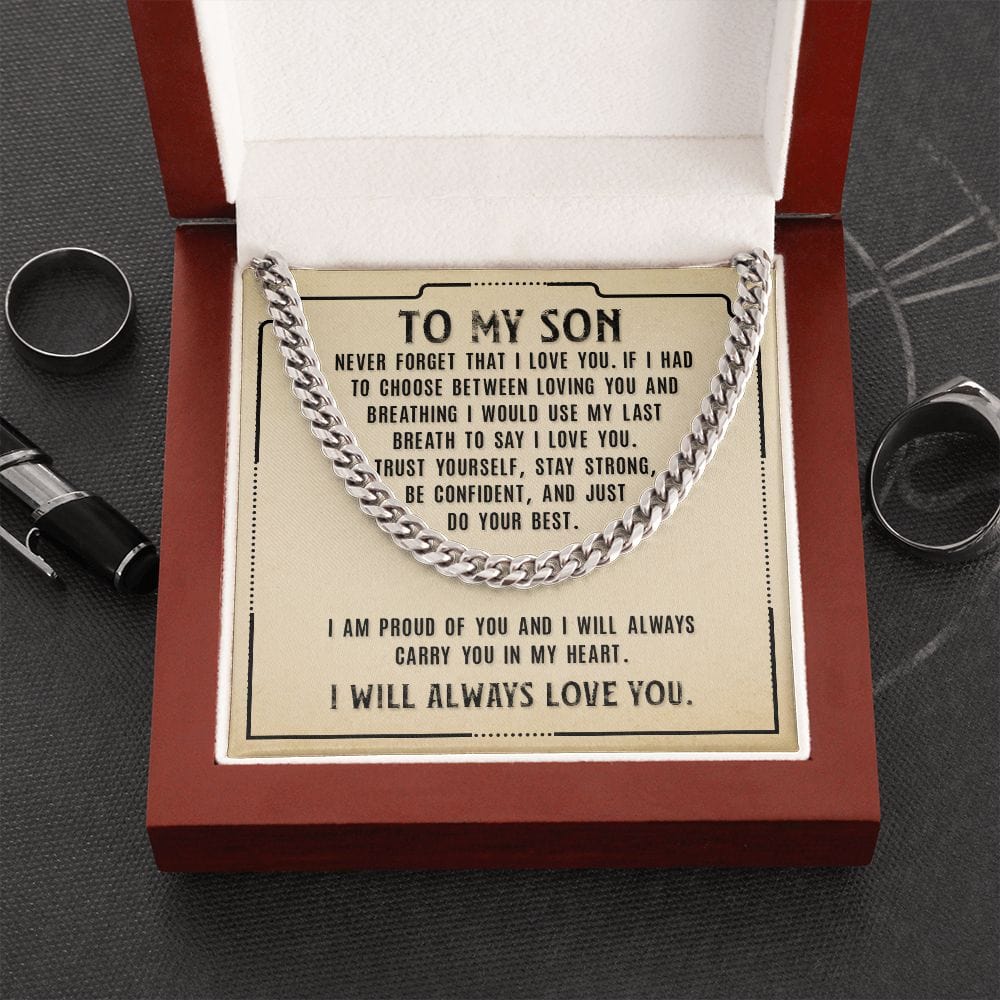 Gift For Son - Never Forget My Love - Cuban Link Chain With Message Card - Son Gift For Birthday, Christmas, Special Occasion From Mom, Dad