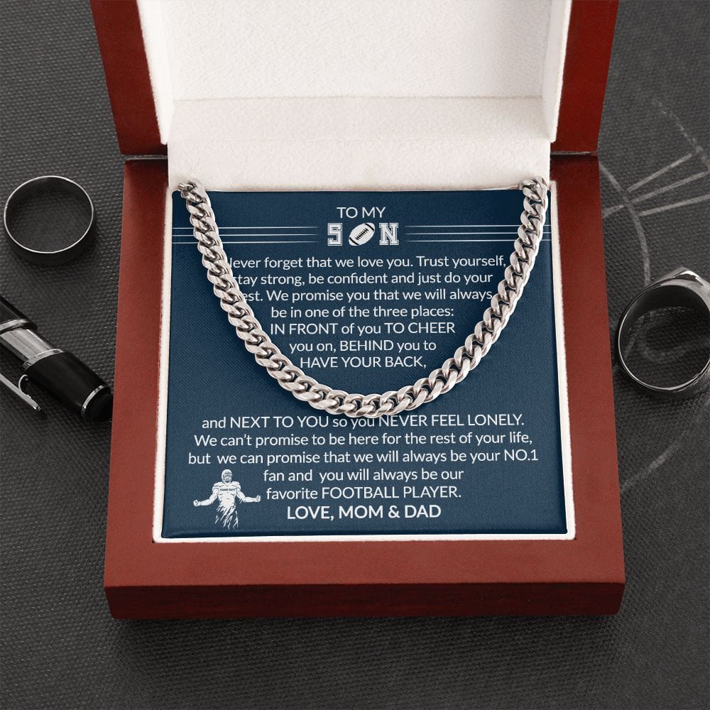 Gift To My Football Son - Biggest Fan - Cuban Link Chain With Message Card - Gift For Birthday, Christmas, Special Occasion From Mom, Dad