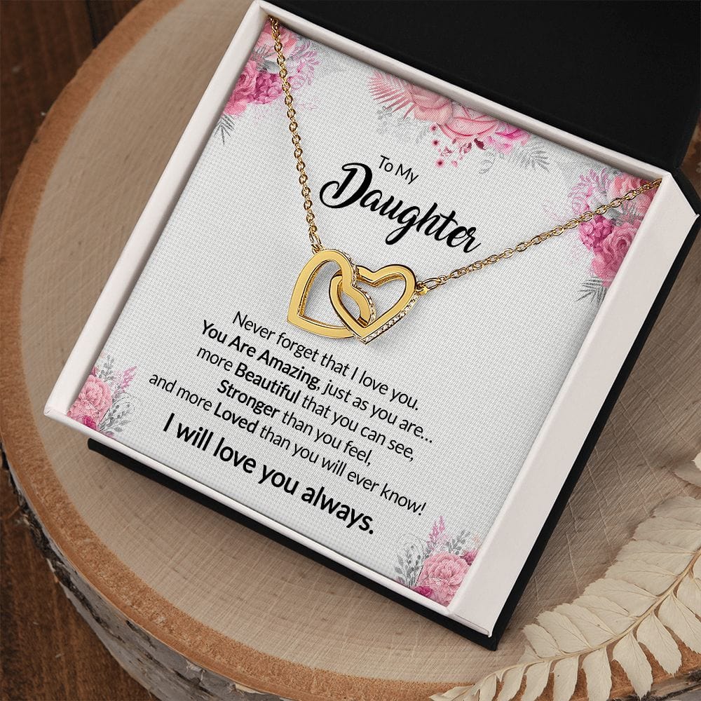 Gift For Daughter - You Are Amazing As You Are - Interlocking Hearts Necklace With Message Card - Gift For Birthday, Anniversary, Christmas From Dad, Father, Mom, Mother