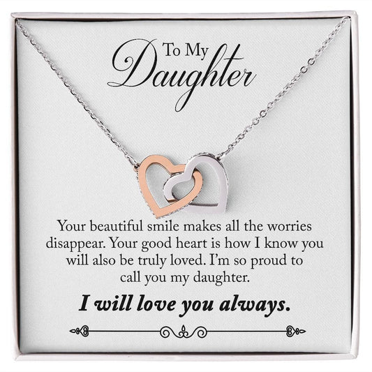 Gift For Daughter - Your Smile - Interlocking Hearts Necklace Message Card - Gift For Birthday, Christmas From Dad, Mom