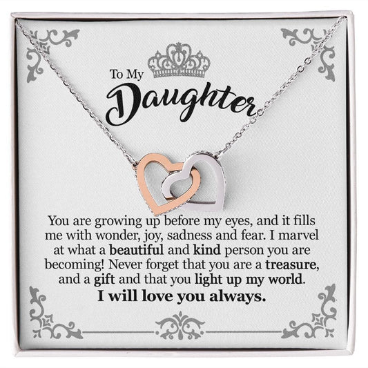 Gift For Daughter From Mom Dad - You Fill Me With Wonder - Interlocking Hearts Necklace With Message Card