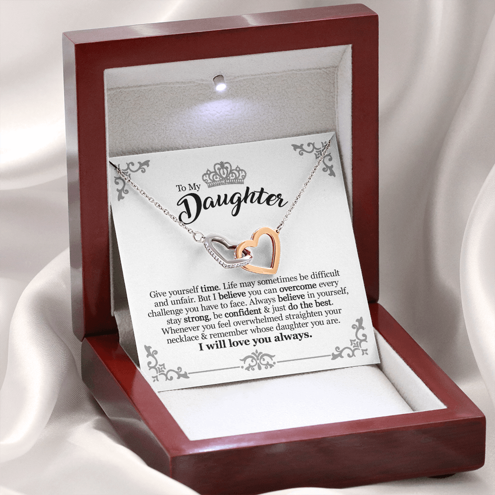 Gift For Daughter From Mom Dad - Give Yourself Time - Interlocking Hearts Necklace With Message Card