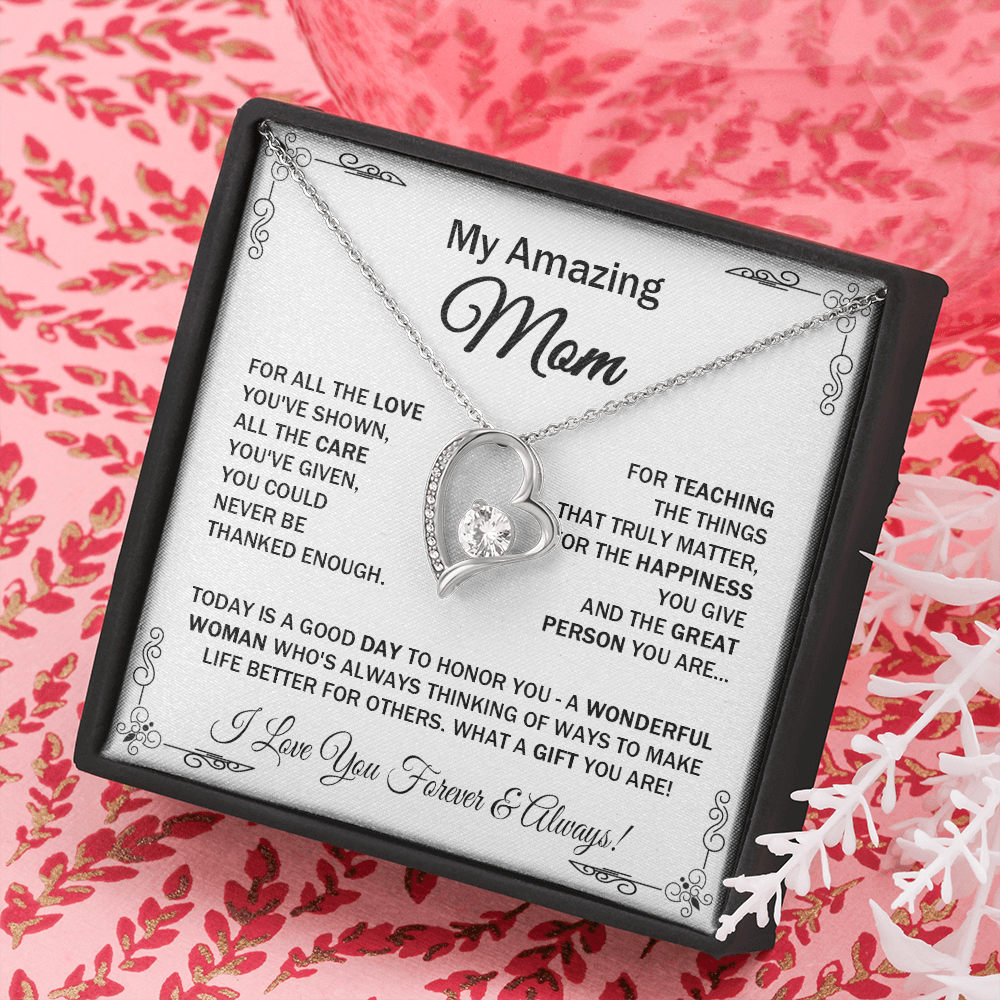 Amazing Mom - For All The Love - Forever Love Necklace Message Gift Card For Mother's Day Birthday From Daughter Son