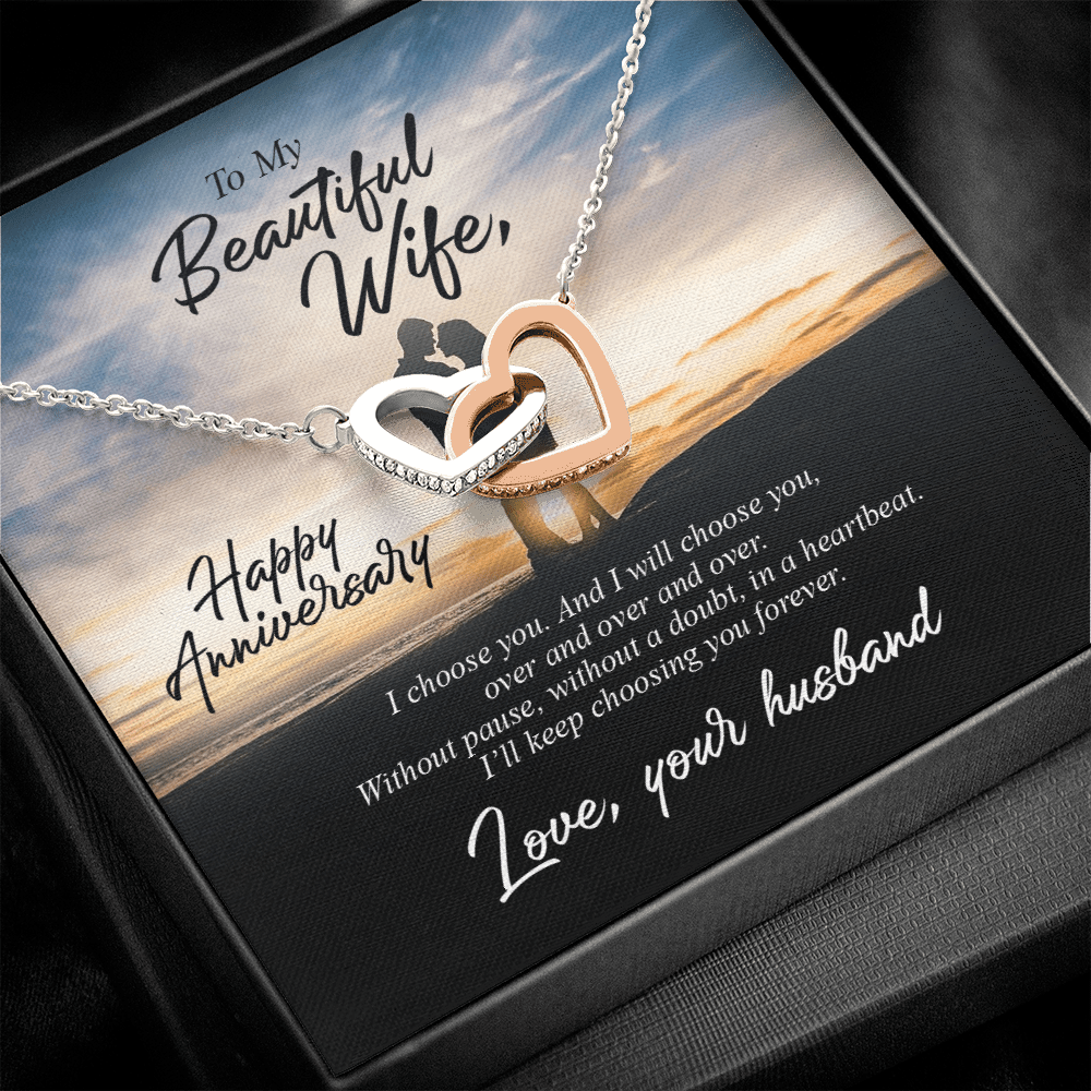 To My Beautiful Wife - Happy Anniversary - Interlocking Hearts Necklace Message Card