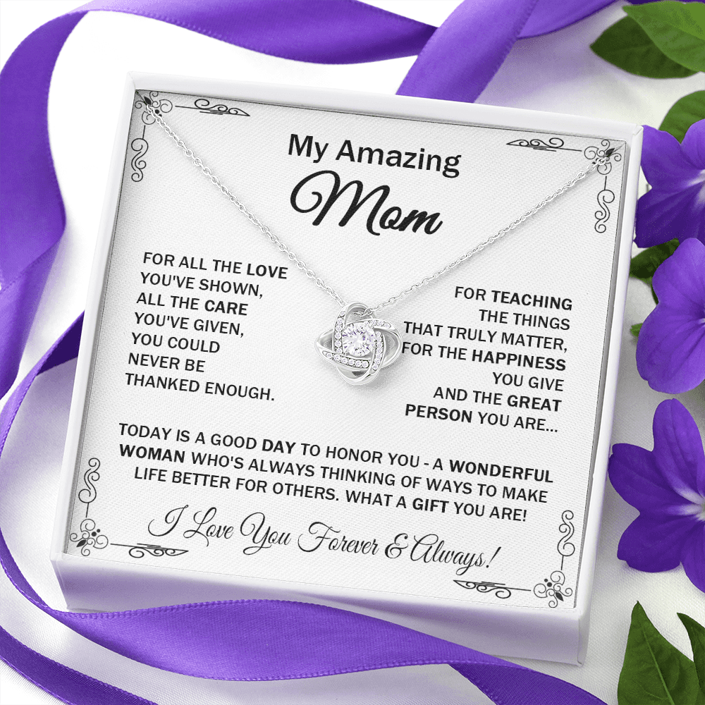 Amazing Mom - For All The Love - Love Knot Necklace Message Gift Card For Mother's Day Birthday Thanks