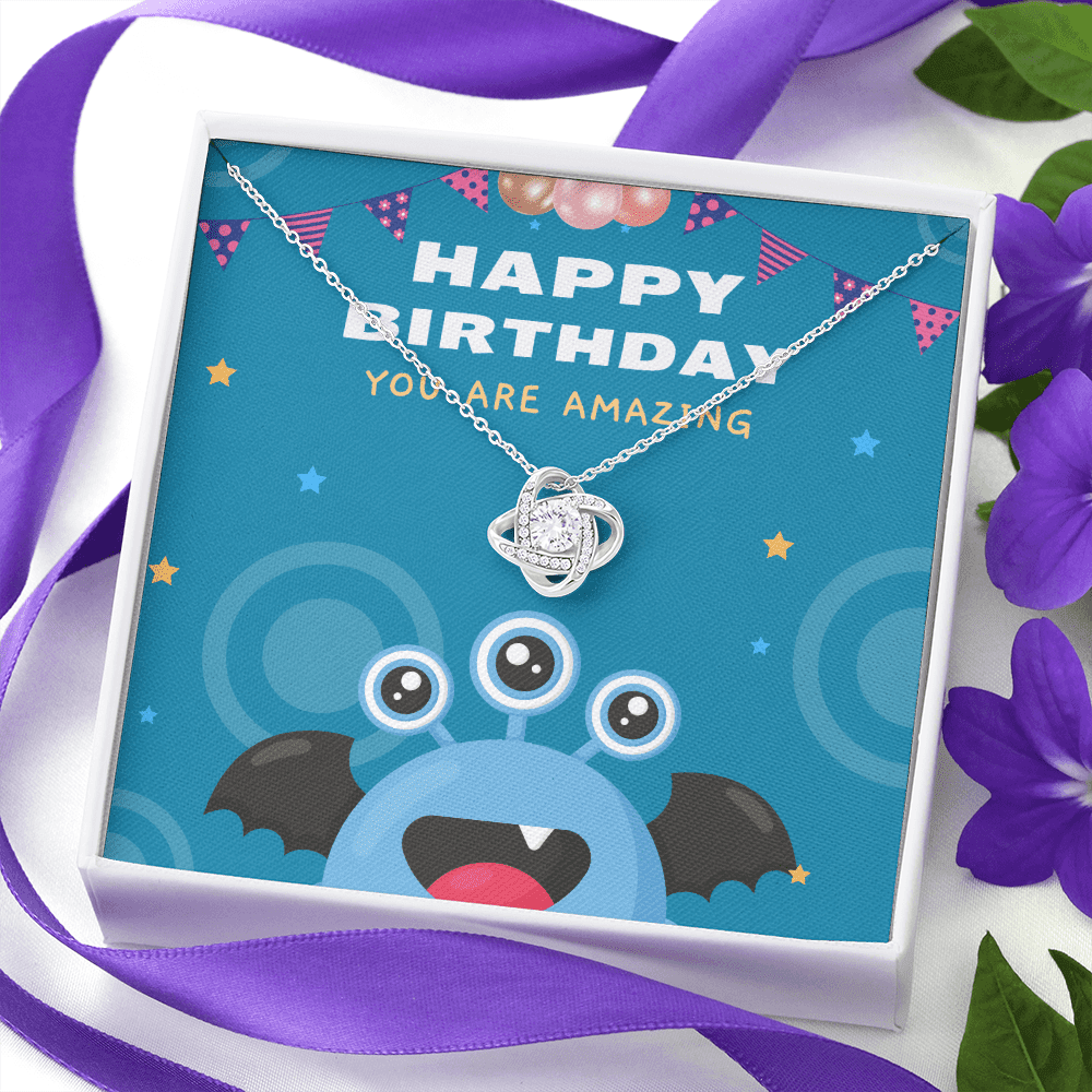 Happy Birthday - You Are Amazing - Cute Monster - Love Knot Necklace Message Card