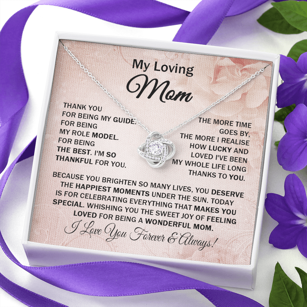 Loving Mom - Thank You for Being My Guide - Love Knot Necklace Message Card Gift for Mom Mother's Day Birthday from Daughter Son Special Ocasion
