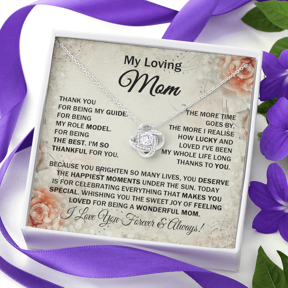 Loving Mom - Thank You for Being My Guide - Love Knot Necklace Message Card Gift for Mom Mother's Day Birthday from Daughter Son For Your Mom