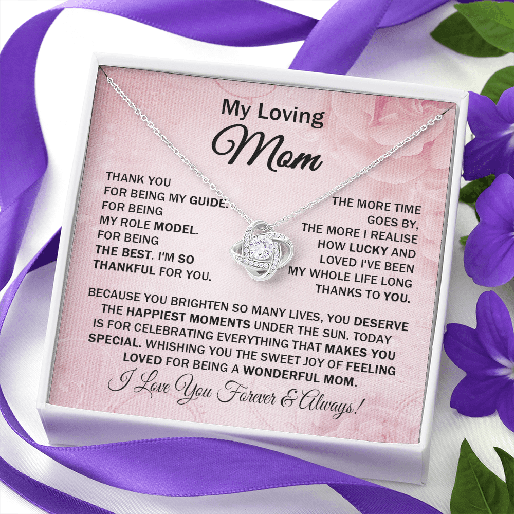 Loving Mom - Thank You for Being My Guide - Love Knot Necklace Message Card Cute Gift for Mom Mother's Day Birthday from Daughter Son