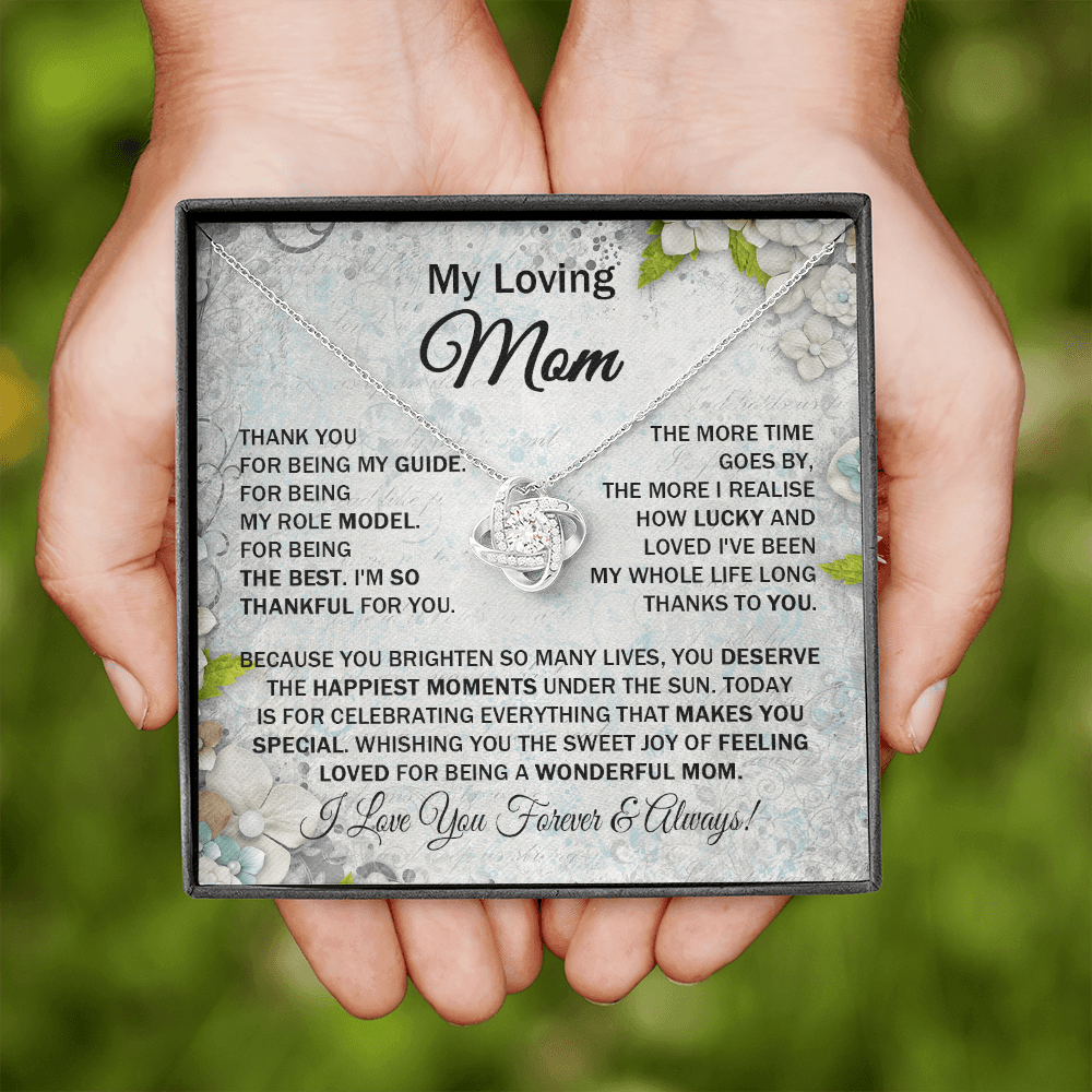 Loving Mom - Thank You for Being My Guide - Love Knot Necklace Message Card Gift for Mom Mother's Day Birthday from Daughter Son Lovely Family Gift