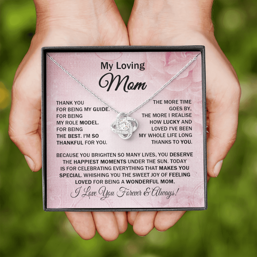 Loving Mom - Thank You for Being My Guide - Love Knot Necklace Message Card Cute Gift for Mom Mother's Day Birthday from Daughter Son