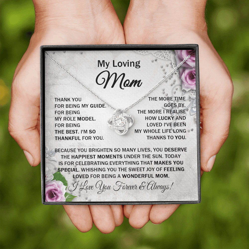 Loving Mom - Thank You for Being My Guide - Love Knot Necklace Message Card Gift for Mom Mother's Day Birthday from Daughter Son Family