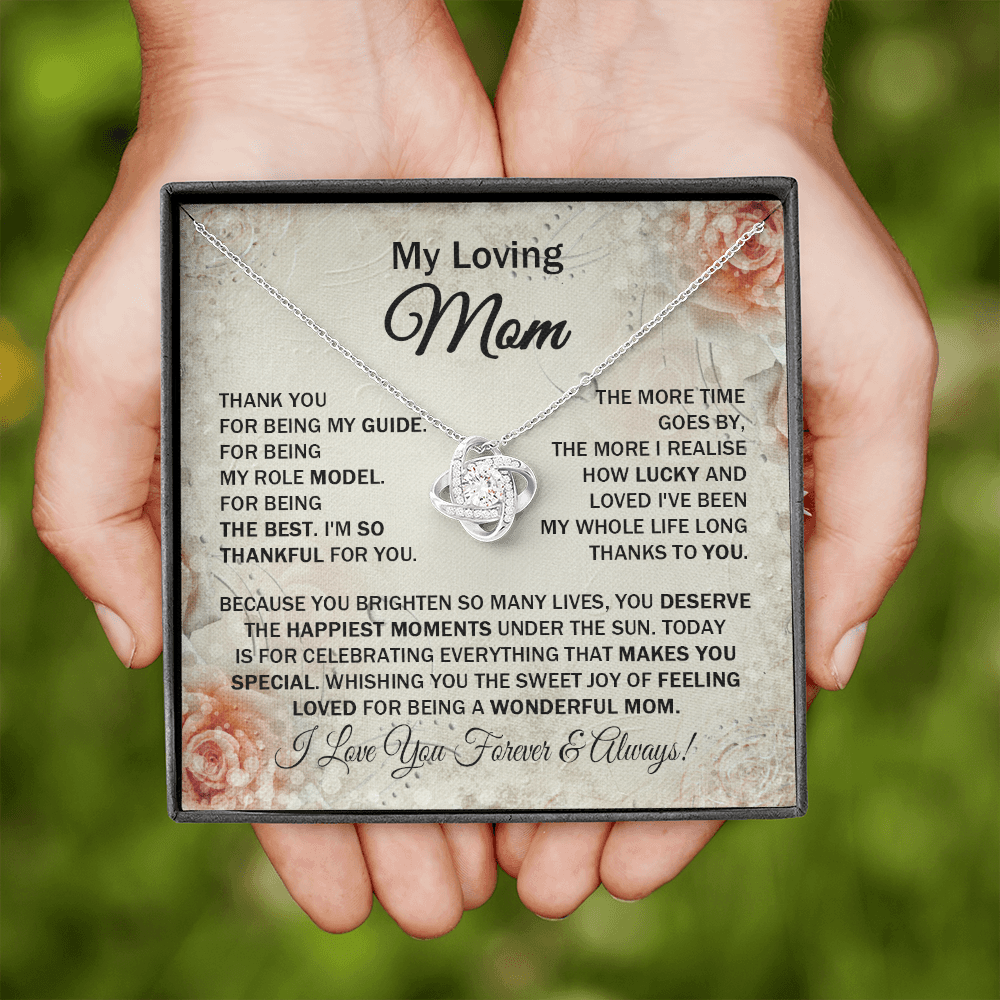 Loving Mom - Thank You for Being My Guide - Love Knot Necklace Message Card Gift for Mom Mother's Day Birthday from Daughter Son For Your Mom