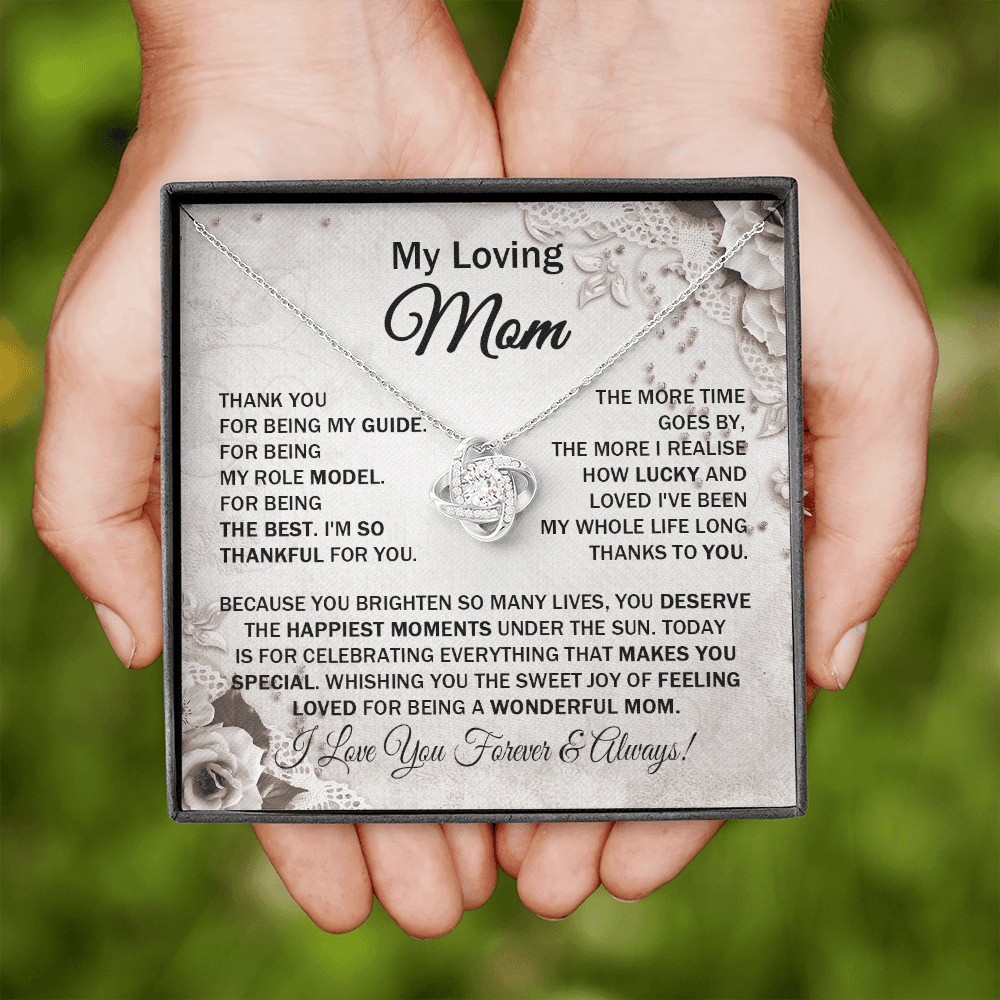 Loving Mom - Thank You for Being My Guide - Love Knot Necklace Message Card Gift for Mom Mother's Day Birthday from Daughter Son Cute
