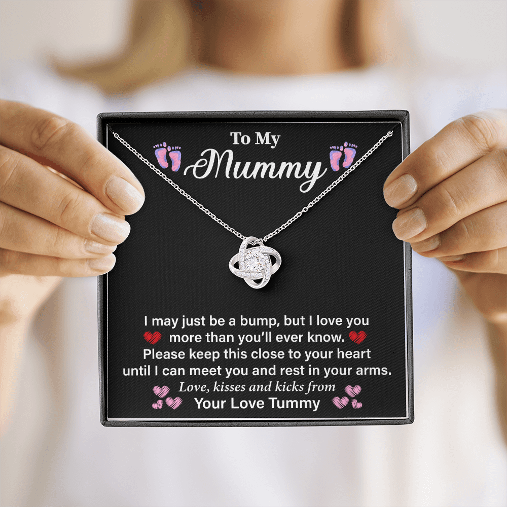 Mummy I May Just Be A Bump Love Knot Necklace Message Card