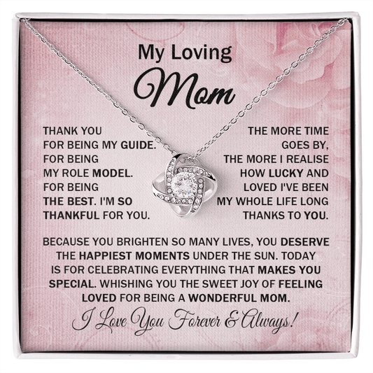 Loving Mom - Thank You for Being My Guide - Love Knot Necklace Message Card Cute Gift for Mom Mother's Day Birthday from Daughter Son