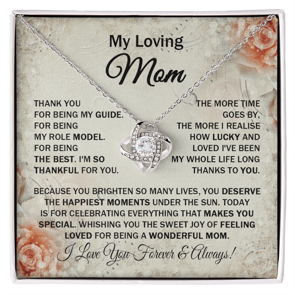 Loving Mom - Thank You for Being My Guide - Love Knot Necklace Message Card Gift for Mom Mother's Day Birthday from Daughter Son For Your Mom